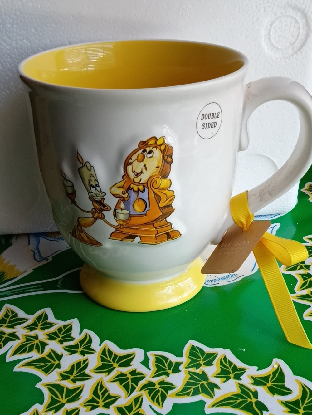 Rae Dunn  Double Sided White Ceramic Mug with Yellow Interior and Base